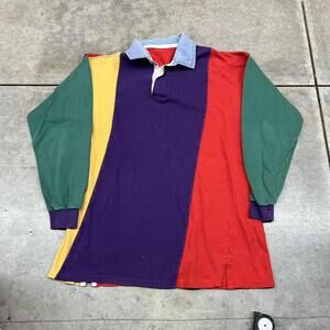 vintage color blocking red purple and yellow striped rugby polo shirt size large
